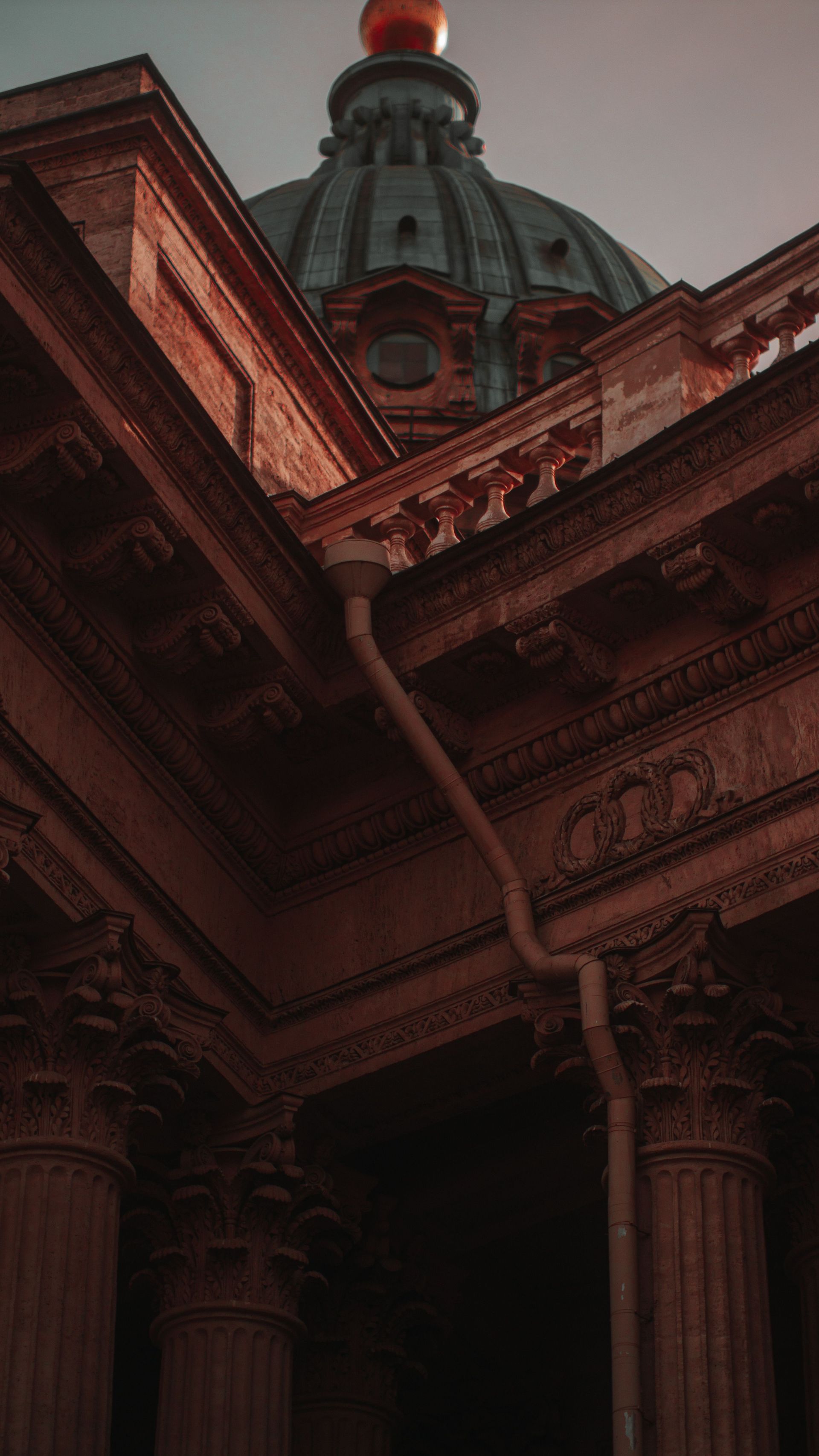 Close-up of Kazan Cathedral's dome and neoclassical columns in Saint Petersburg.